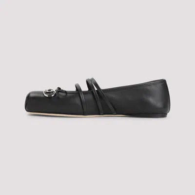 Gucci Leather Bow Detail Squared Toe Ballet Flats In Black