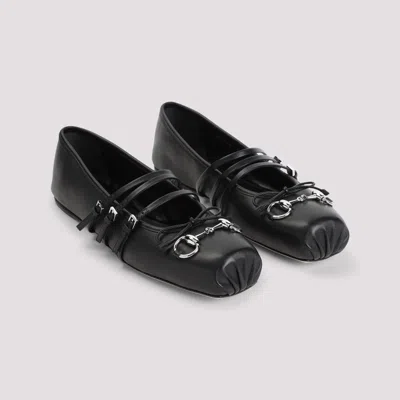 Gucci Leather Bow Detail Squared Toe Ballet Flats In Black