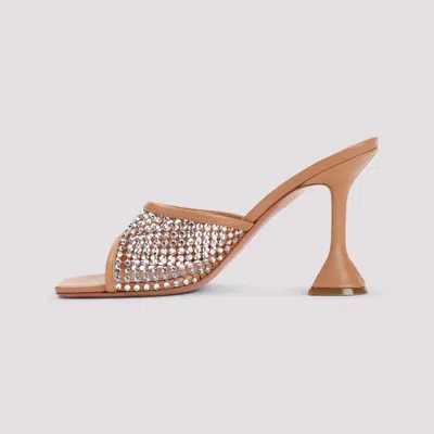 Amina Muaddi Tan Lupita Crystal Net Slipper Heeled Sandals
