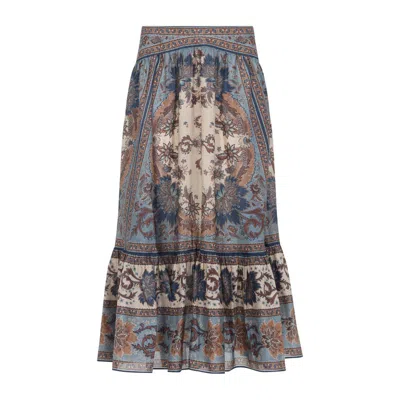 Zimmermann Womens Blue Cream Indienne Ascension Tiered Silk Midi Skirt Xs