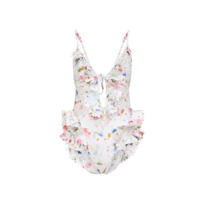 Zimmermann Multicolour Floral Swimsuit With Ruffled Edges And Adjustable Ties In Multi