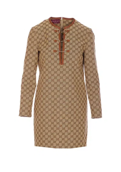 Gucci Beige Crewneck Mini Dress With Horsebit On The Front In Gg Canvas Woman