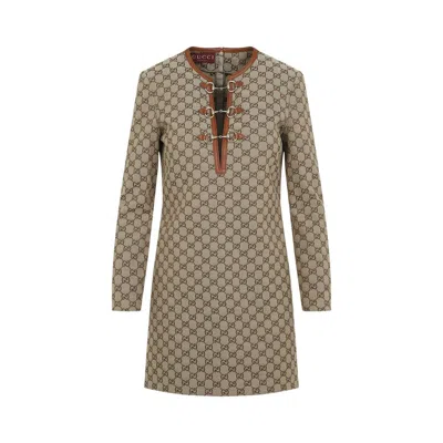 Gucci Beige Crewneck Mini Dress With Horsebit On The Front In Gg Canvas Woman