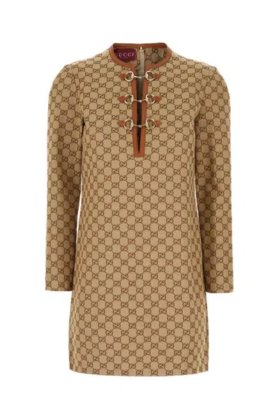 Gucci Beige Crewneck Mini Dress With Horsebit On The Front In Gg Canvas Woman
