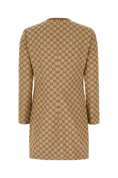 Gucci Beige Crewneck Mini Dress With Horsebit On The Front In Gg Canvas Woman