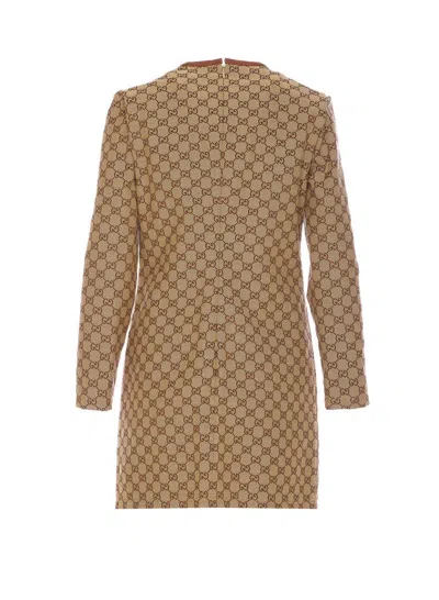 Gucci Beige Crewneck Mini Dress With Horsebit On The Front In Gg Canvas Woman