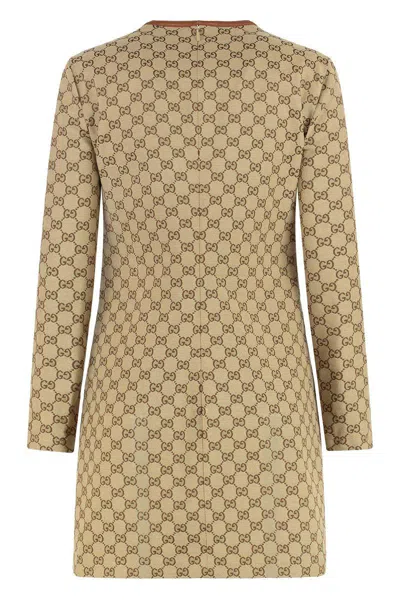 Gucci Beige Crewneck Mini Dress With Horsebit On The Front In Gg Canvas Woman