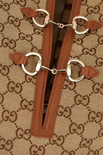 Gucci Beige Crewneck Mini Dress With Horsebit On The Front In Gg Canvas Woman