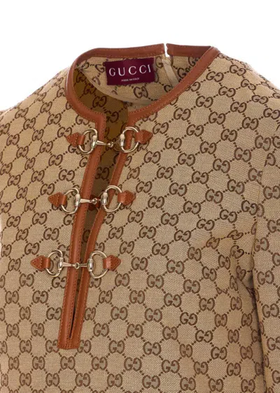 Gucci Beige Crewneck Mini Dress With Horsebit On The Front In Gg Canvas Woman