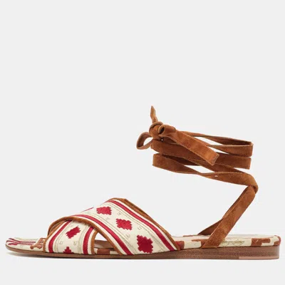 Pre-owned Gianvito Rossi Multicolor Embroidered Fabric Cheyenne Ankle Wrap Flat Sandals Size 40