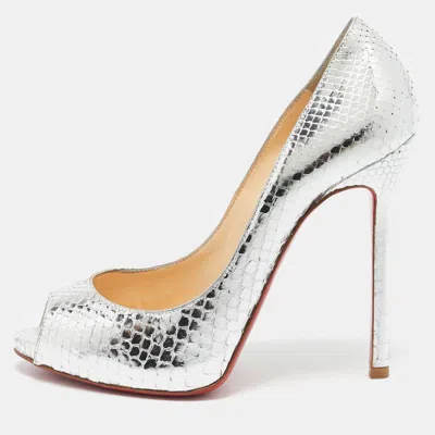 Pre-owned Christian Louboutin Silver Python Flo Peep Toe Pumps Size 37