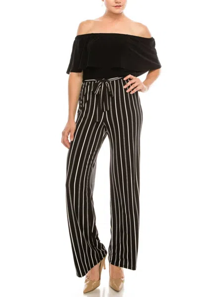 Bebe Off-the-shoulder Striped Pants Jumpsuit In Black Ivory