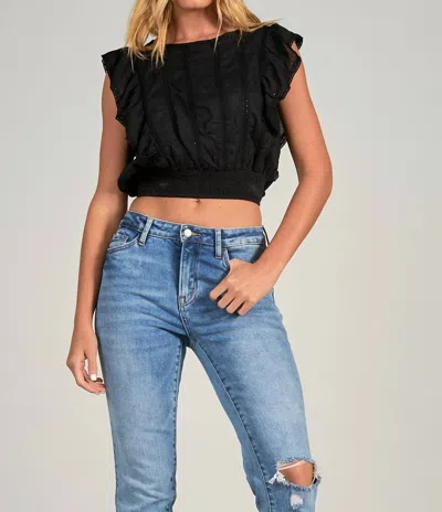 ELAN EYELET RUFFLE TRIM FLUTTER SLEEVE TOP IN BLACK 
