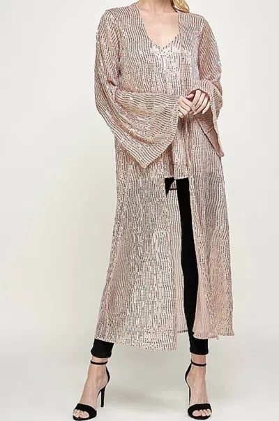 Caramela Long Sequin Cardigan In Rose