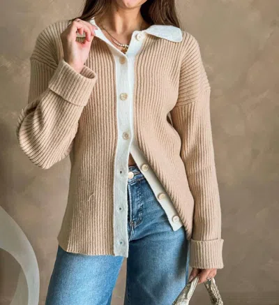 Everleigh Stephanie Ribbed Knit Cardigan In Beige & White