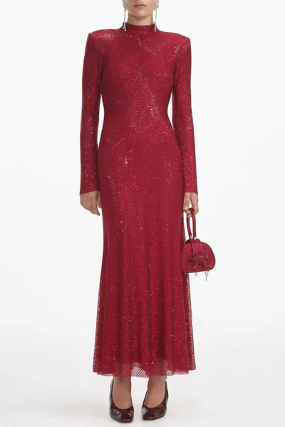 SELF-PORTRAIT RHINESTONE FISHNET MIDI DRESS IN RED 