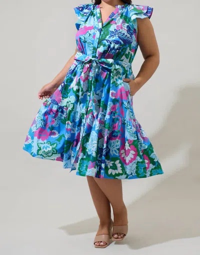 Sugarlips Lavera Floral Charlotte Button Midi Dress Plus Size In Blue Multi