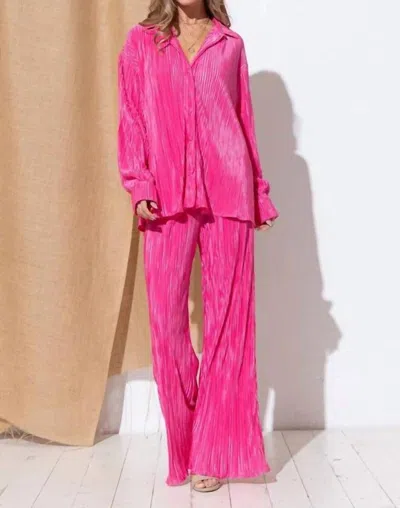 Blue B Accordion Mini Pleat Long Blouse And Pant Set In Pink