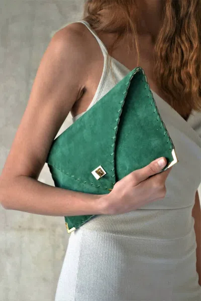 Ana Koutsi Leather Envelope Clutch In Emerald Suede