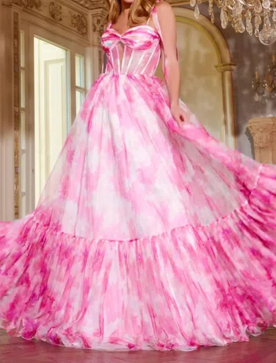 Jovani Floral Print Corset Prom Dress In Pink