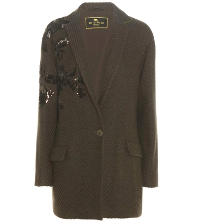 Etro Woman Embellished Ribbed Wool-blend Jacket Army Green