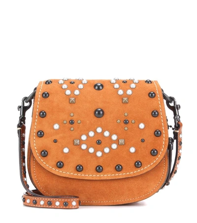 Shop Coach Saddle Small Embellished Suede Crossbody Bag In Gie