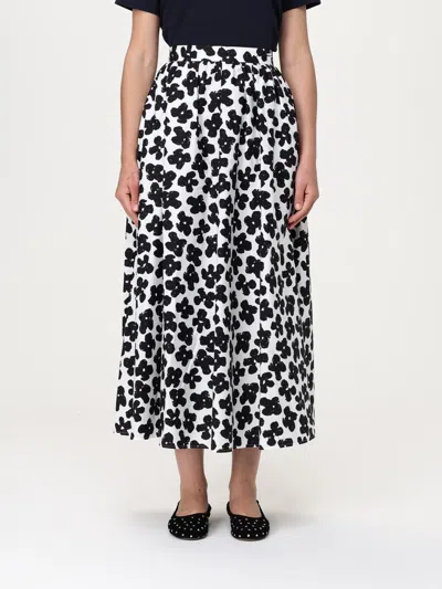 Msgm White Long Skirt With Black Floral Print In Black