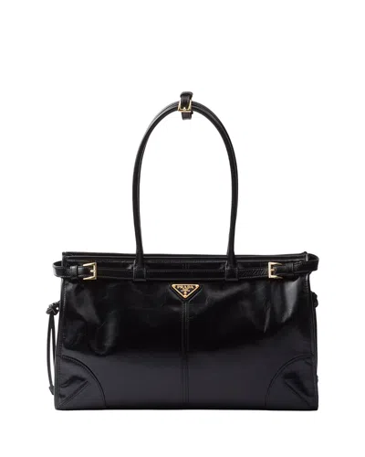 Prada Womens Black Logo-plaque Large Leather Top-handle Bag