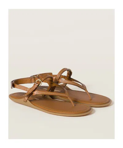 Miu Miu Camel Leather Thong Sandals In Brown