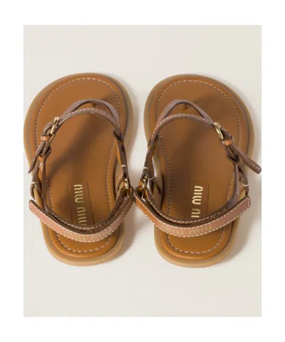 Miu Miu Camel Leather Thong Sandals In Brown