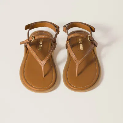 Miu Miu Camel Leather Thong Sandals In Brown