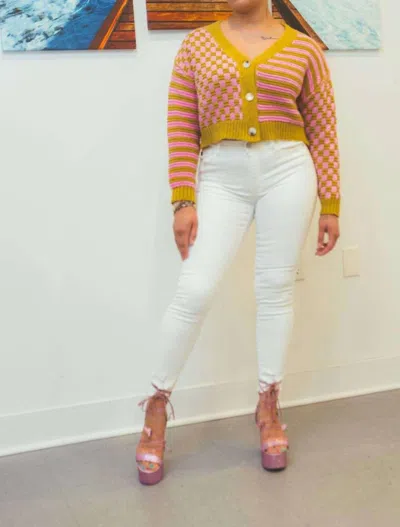 Shop Buttermelon Oversized Checkered And Striped Cropped Sweater In Pink And Green