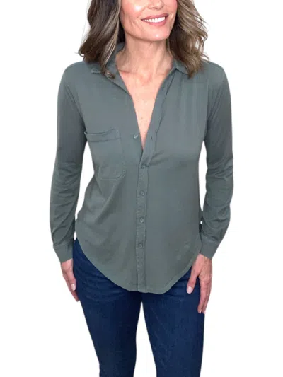 Bobi Long Sleeve Button Front Collar Tee In Dark Sage