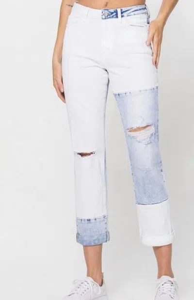 Flying Monkey Color Block Rolled Cuff Boyfriend Jeans In White And Light Denim In White