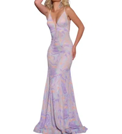 Jovani V Neckline Mermaid Gown In Iridescent Multi In Pink