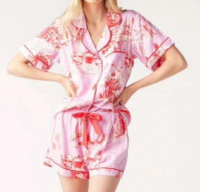 Katie Kime Apres Ski Toile Pajama Short Set In Lilac Cranberry