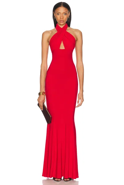 Norma Kamali Cross Halter Fishtail Dress In Red