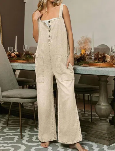Bibi Washed Denim Overall Jumpsuit With Pockets In Oatmeal
