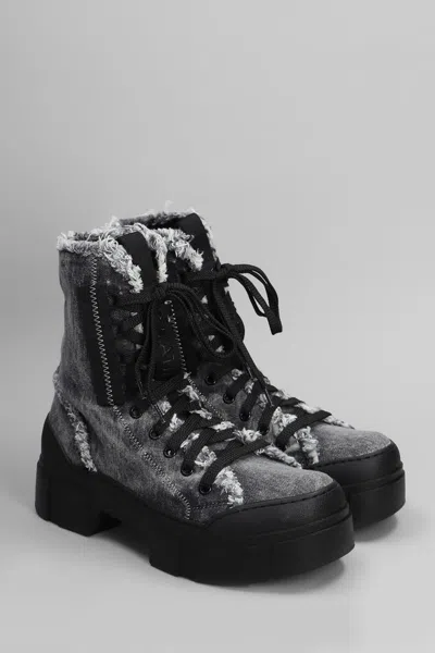 Vic Matie Denim 155 Combat Boots In Black Denim