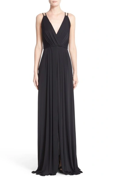 Shop Versace Embellished Matte Jersey Gown In Black