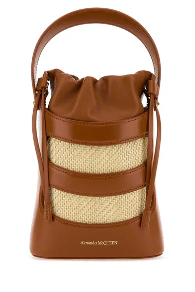 Alexander Mcqueen Women Two-tone Leather And Raffia Mini The Rise Bucket Bag