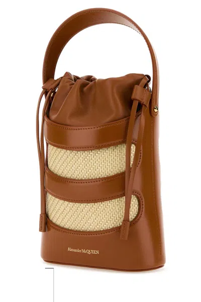 Alexander Mcqueen Women Two-tone Leather And Raffia Mini The Rise Bucket Bag