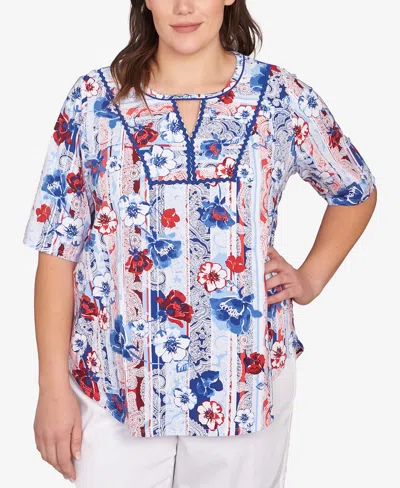 Ruby Rd. Plus Size Riviera Floral Stripe Print Knit Top In Blue