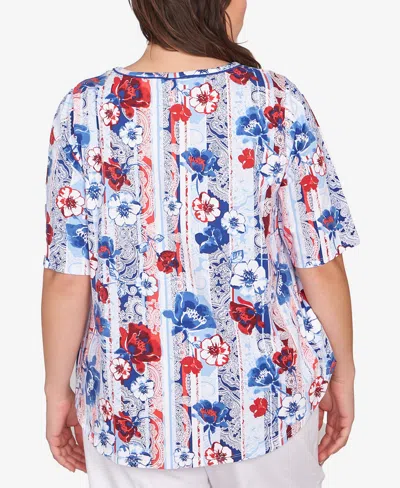 Ruby Rd. Plus Size Riviera Floral Stripe Print Knit Top In Blue