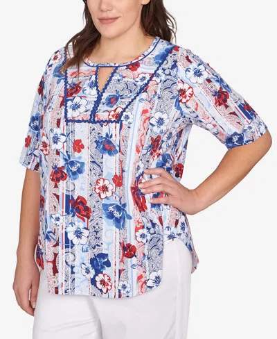 Ruby Rd. Plus Size Riviera Floral Stripe Print Knit Top In Blue