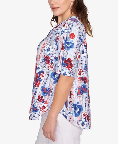 Ruby Rd. Plus Size Riviera Floral Stripe Print Knit Top In Blue