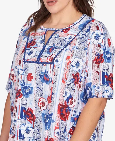 Ruby Rd. Plus Size Riviera Floral Stripe Print Knit Top In Blue
