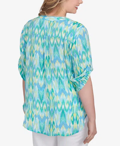Ruby Rd. Plus Size Paradise Ikat Button Tie Front Top In Blue