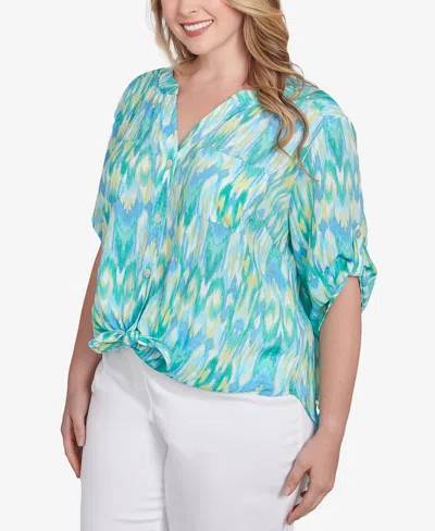 Ruby Rd. Plus Size Paradise Ikat Button Tie Front Top In Blue