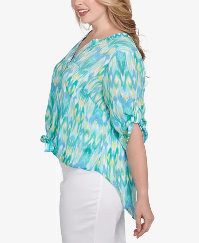 Ruby Rd. Plus Size Paradise Ikat Button Tie Front Top In Blue